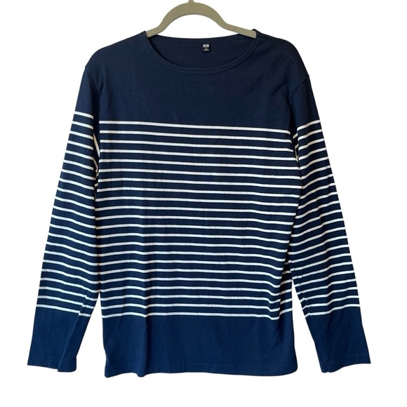 Uniqlo Long sleeve heavy knit top Medium Nautical blue striped Boat neck Womens - Picture 1 of 7